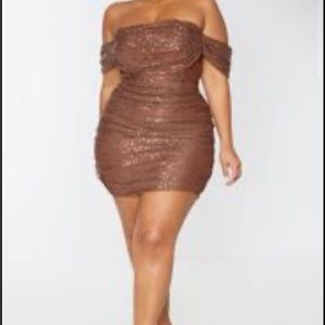 Pretty Little Thing Chocolate Sequin Bardot bodycon dress